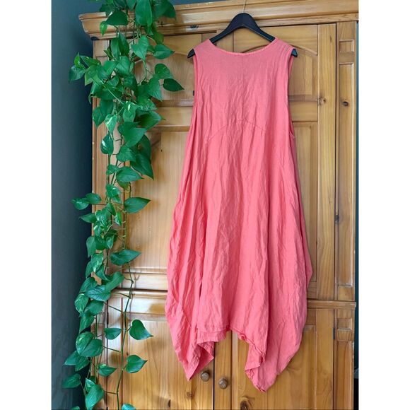 LIN BOHÈME Coral Linen Tunic Dress • Oversized Asymmetrical Hem • One Size - Picture 5 of 10
